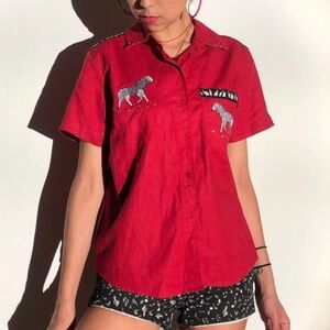 Cabin Creek 90’s Red Zebra Button-Up Linen/Cotton Short Sleeve Shirt Size Med P
